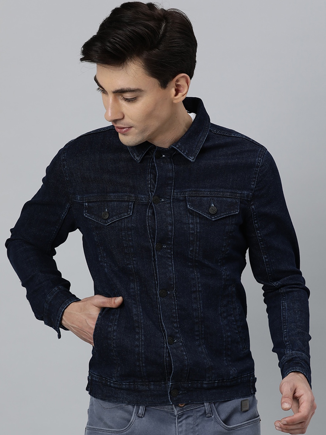 

RARE RABBIT Men Navy Blue Camouflage Denim Jacket