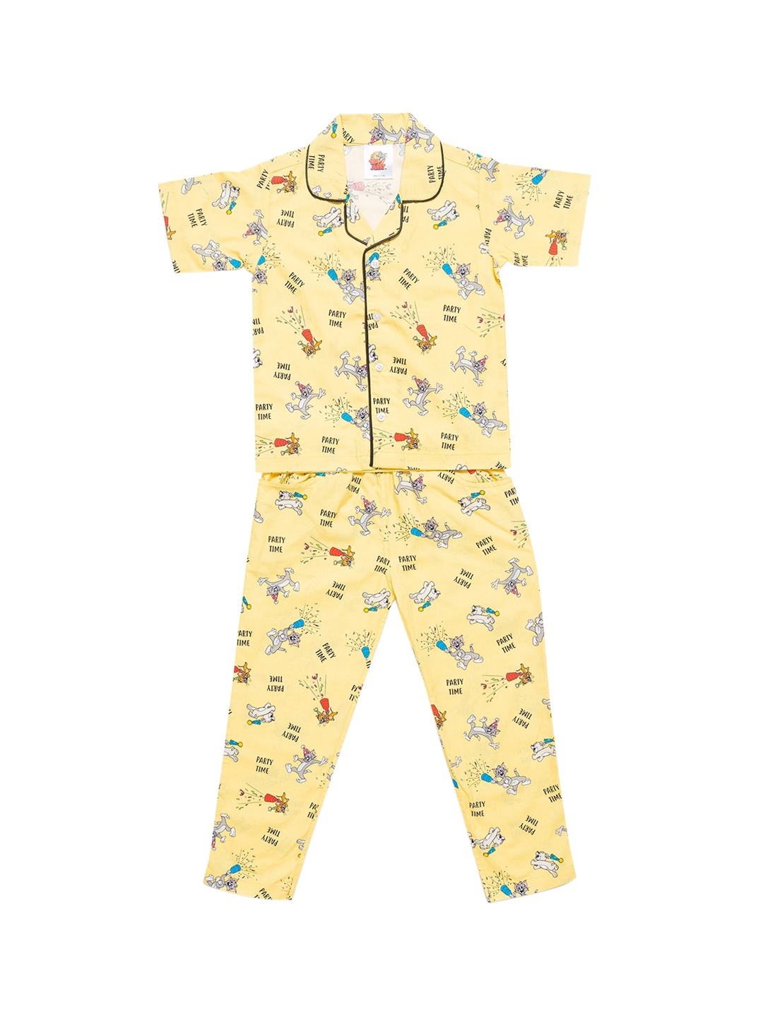 

SMUGGLERZ INC Girls Yellow & Black Pure Cotton Tom & Jerry Printed Night suit