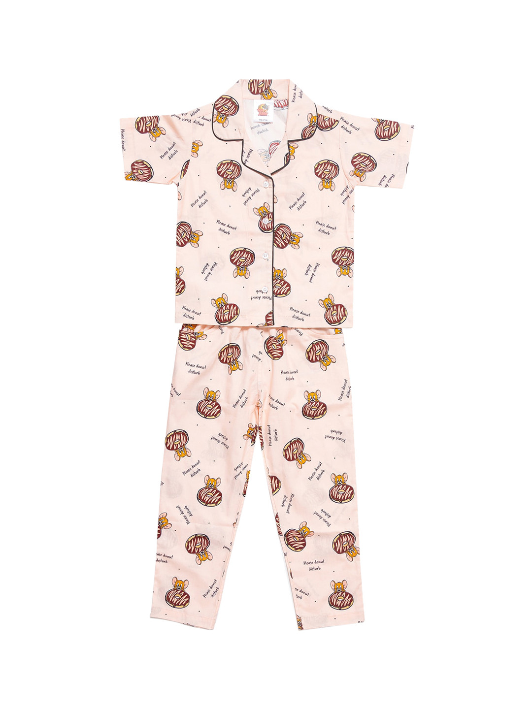 

SMUGGLERZ INC Girls Peach-Coloured & Black Tom & Jerry Print Night Pure Cotton suit