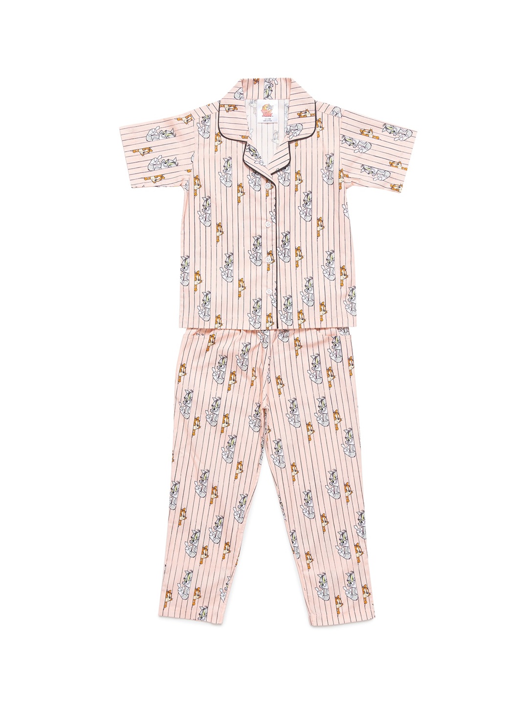

SMUGGLERZ INC Girls Lavender & Black Tom & Jerry Print Pure Cotton ight suit