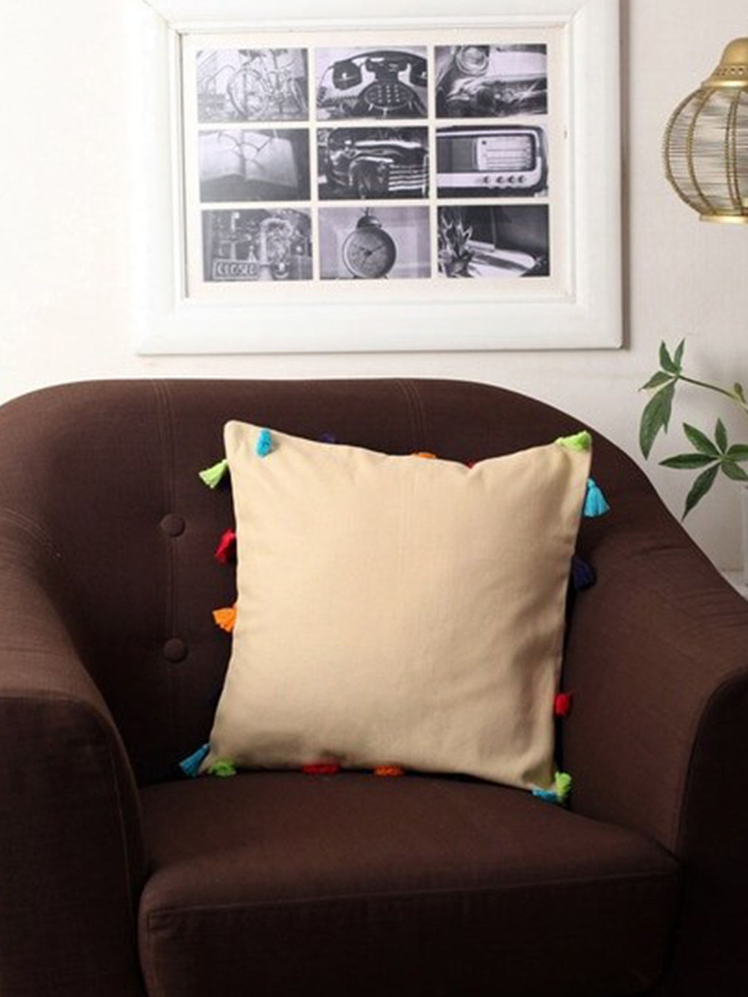 

Lushomes Beige Square Cotton Cushion Cover with Colorful Tassels
