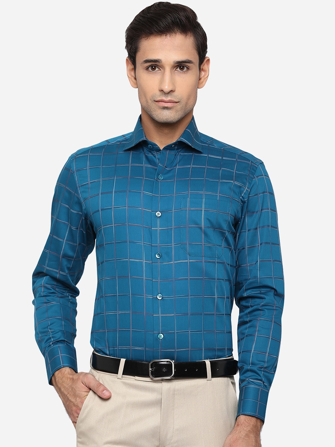 

METAL Men Blue Slim Fit Pure Cotton Checked Formal Shirt