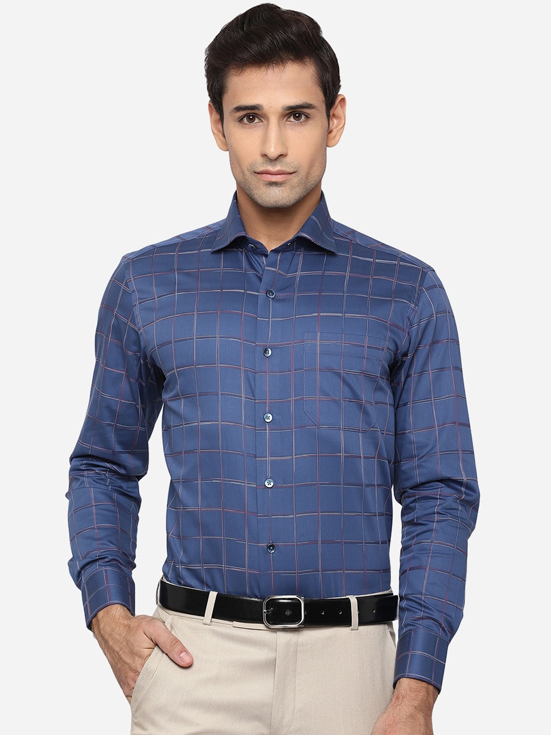 

METAL Men Blue Slim Fit Tartan Checks Opaque Checked Formal Shirt