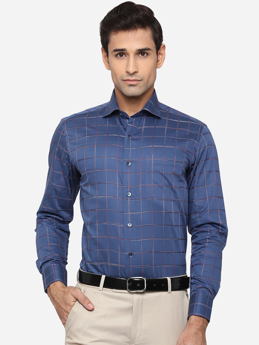 

METAL Men Blue Slim Fit Windowpane Checks Opaque Cotton Formal Shirt