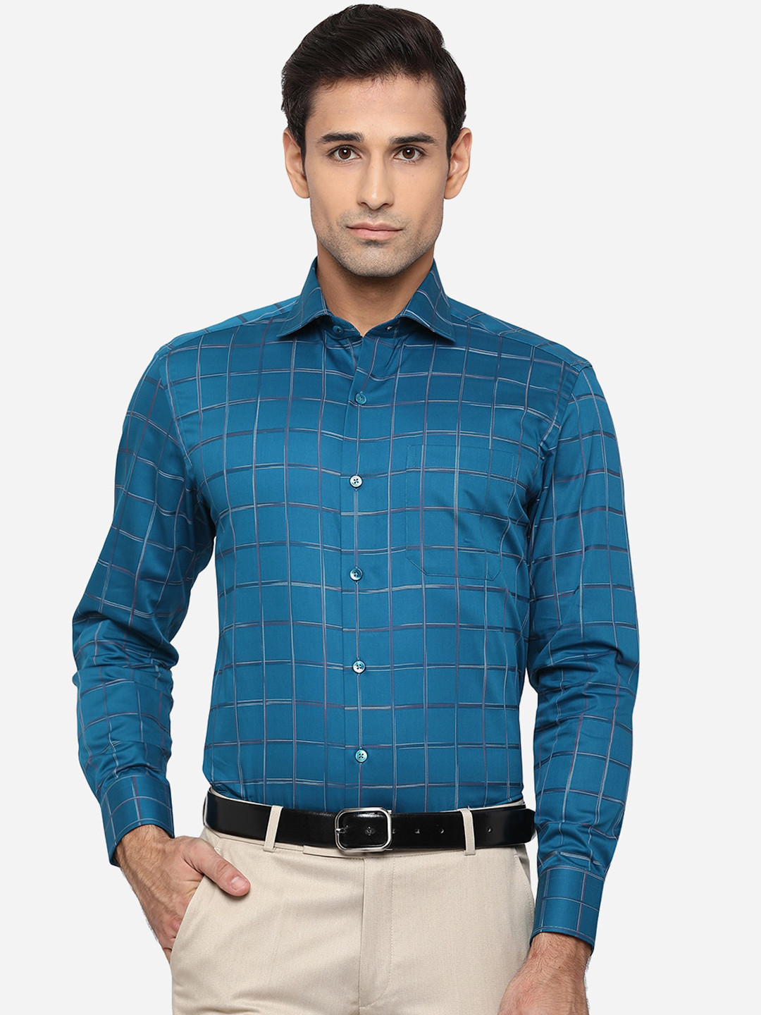 

METAL Men Blue Slim Fit Grid Tattersall Checks Opaque Checked Formal Shirt