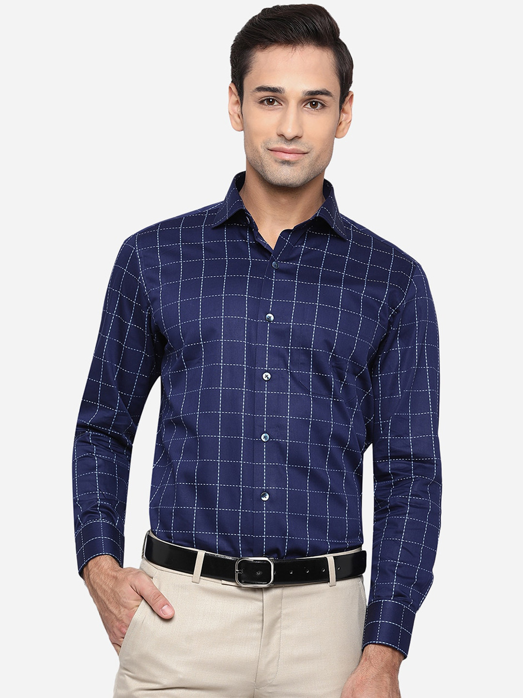

METAL Men Blue Slim Fit Windowpane Checked Pure Cotton Formal Shirt