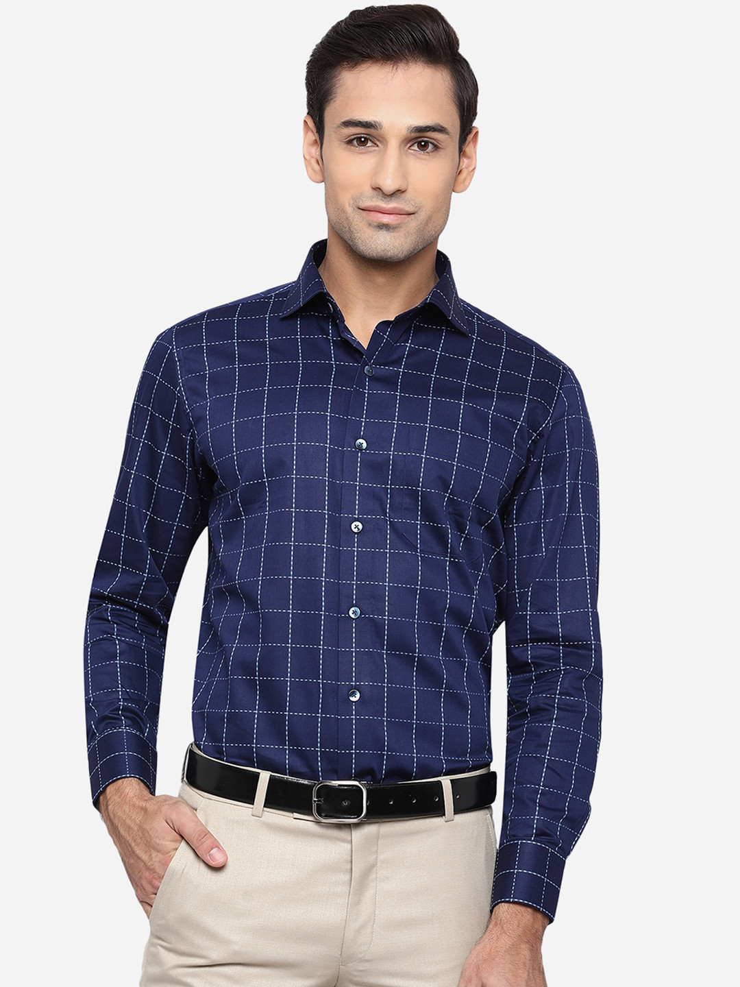

METAL Men Blue Slim Fit Windowpane Checked Pure Cotton Formal Shirt