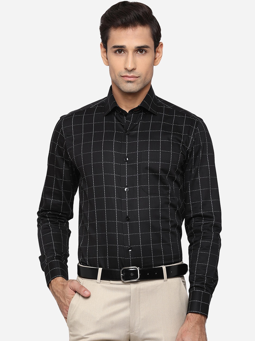 

METAL Men Black Pure Cotton Slim Fit Windowpane Checked Formal Shirt