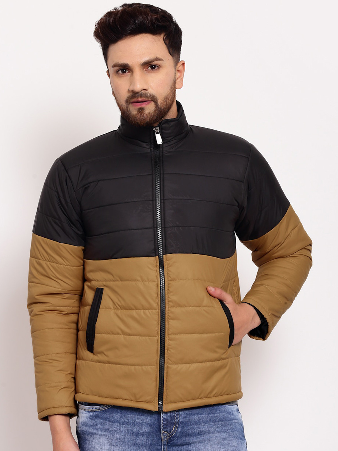 

KLOTTHE Men Mustard Brown & Black Colourblocked Water Resistant Padded Jacket
