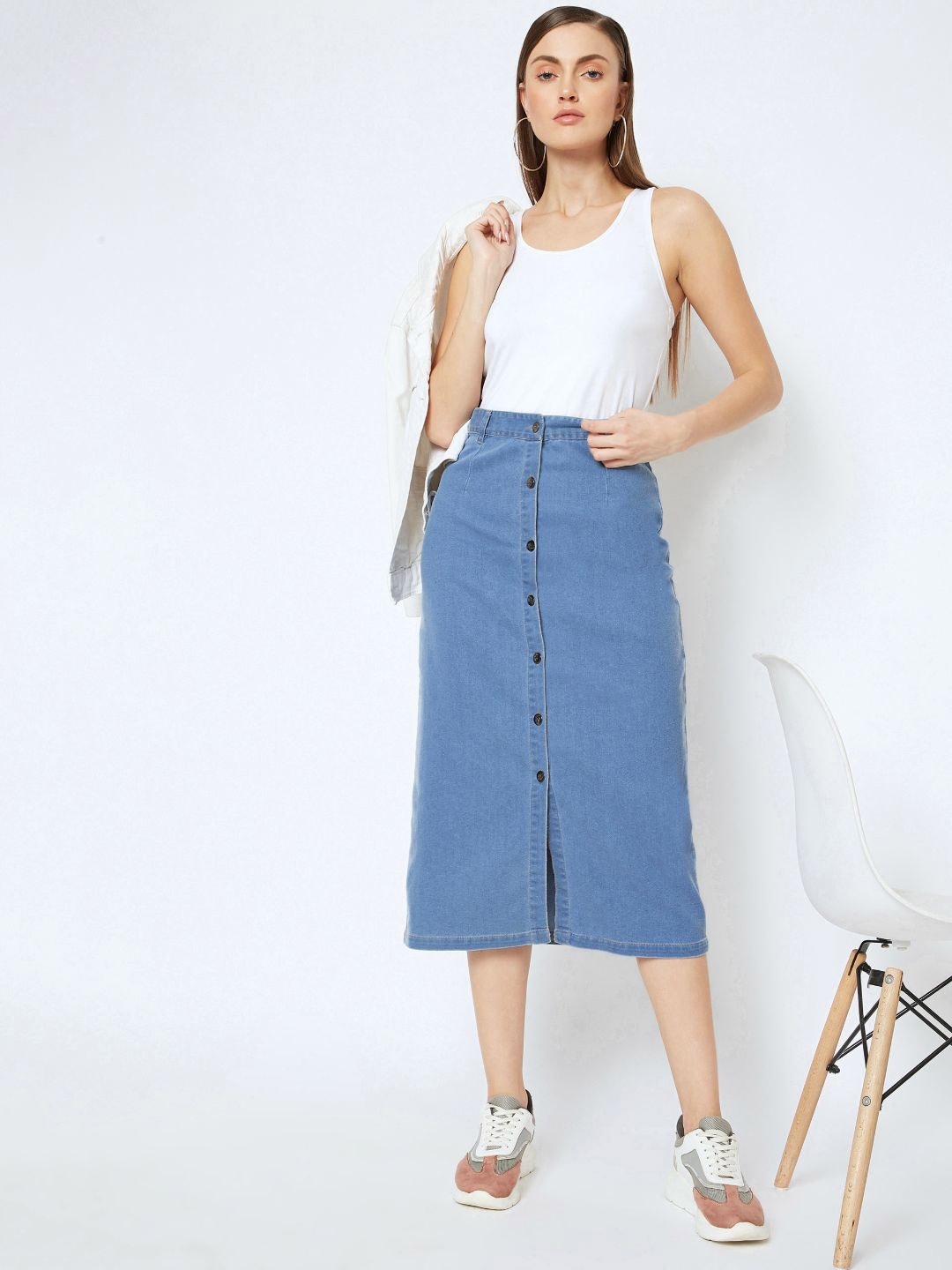 

Uptownie Lite Women Blue Stretchable A-Line Denim Midi Skirt