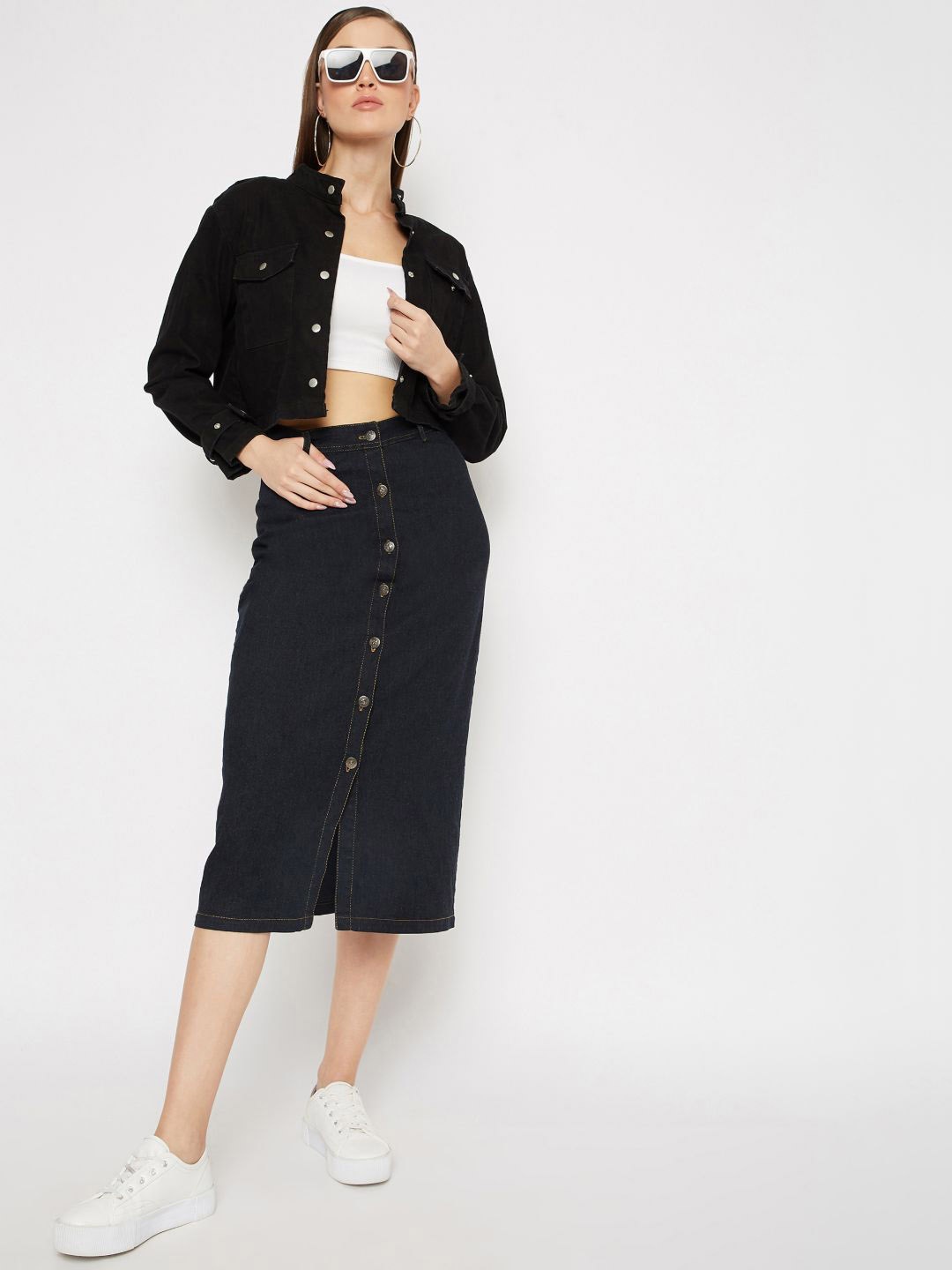 

Uptownie Lite Women Black Stretchable Denim Midi Skirt