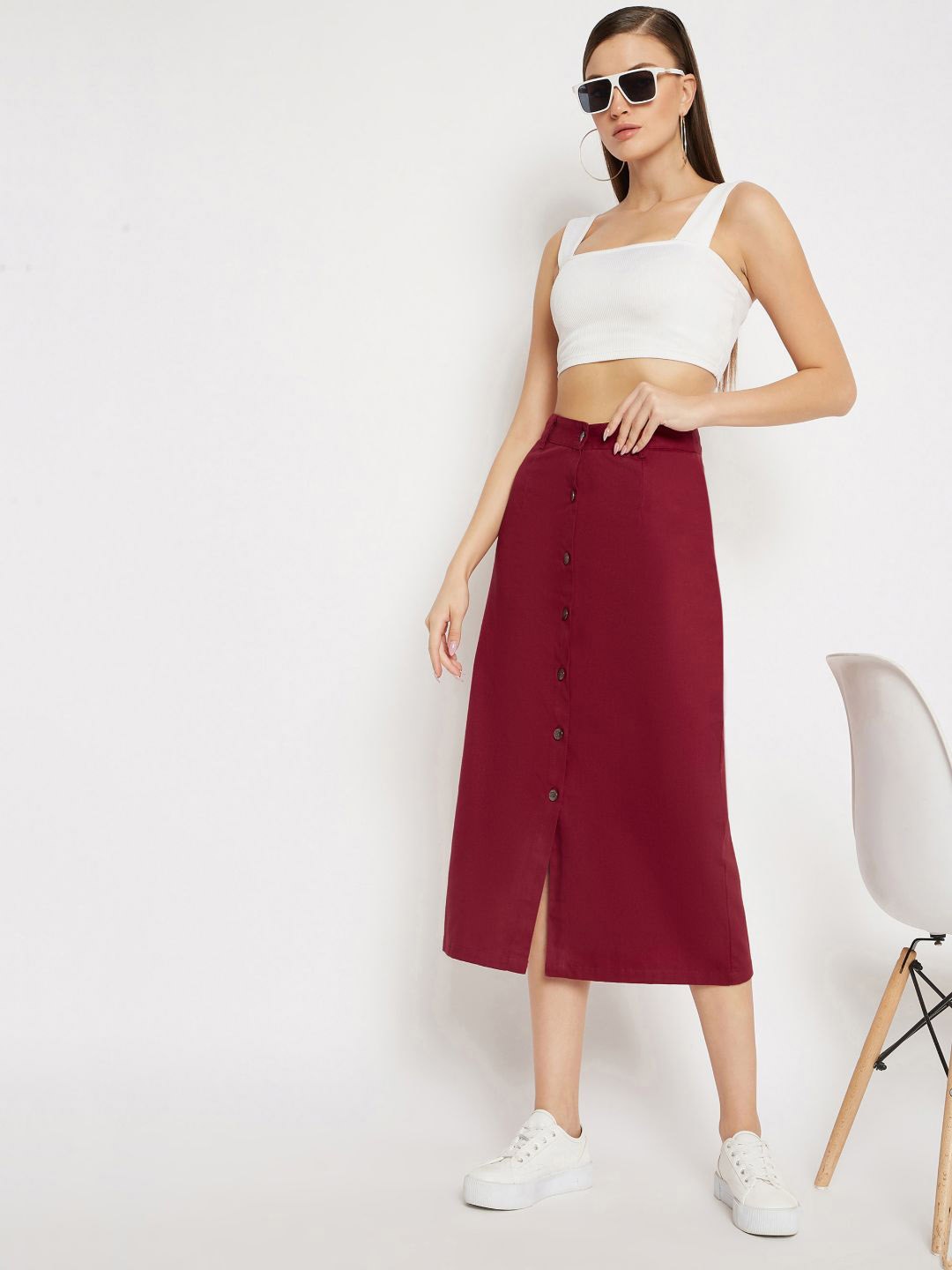 

Uptownie Lite Women Maroon Stretchable A-Line Denim Midi Skirt