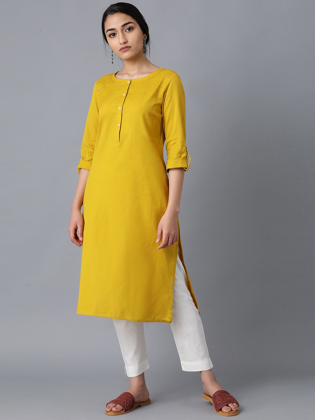 

W Women Straight Cotton Kurta, Yellow