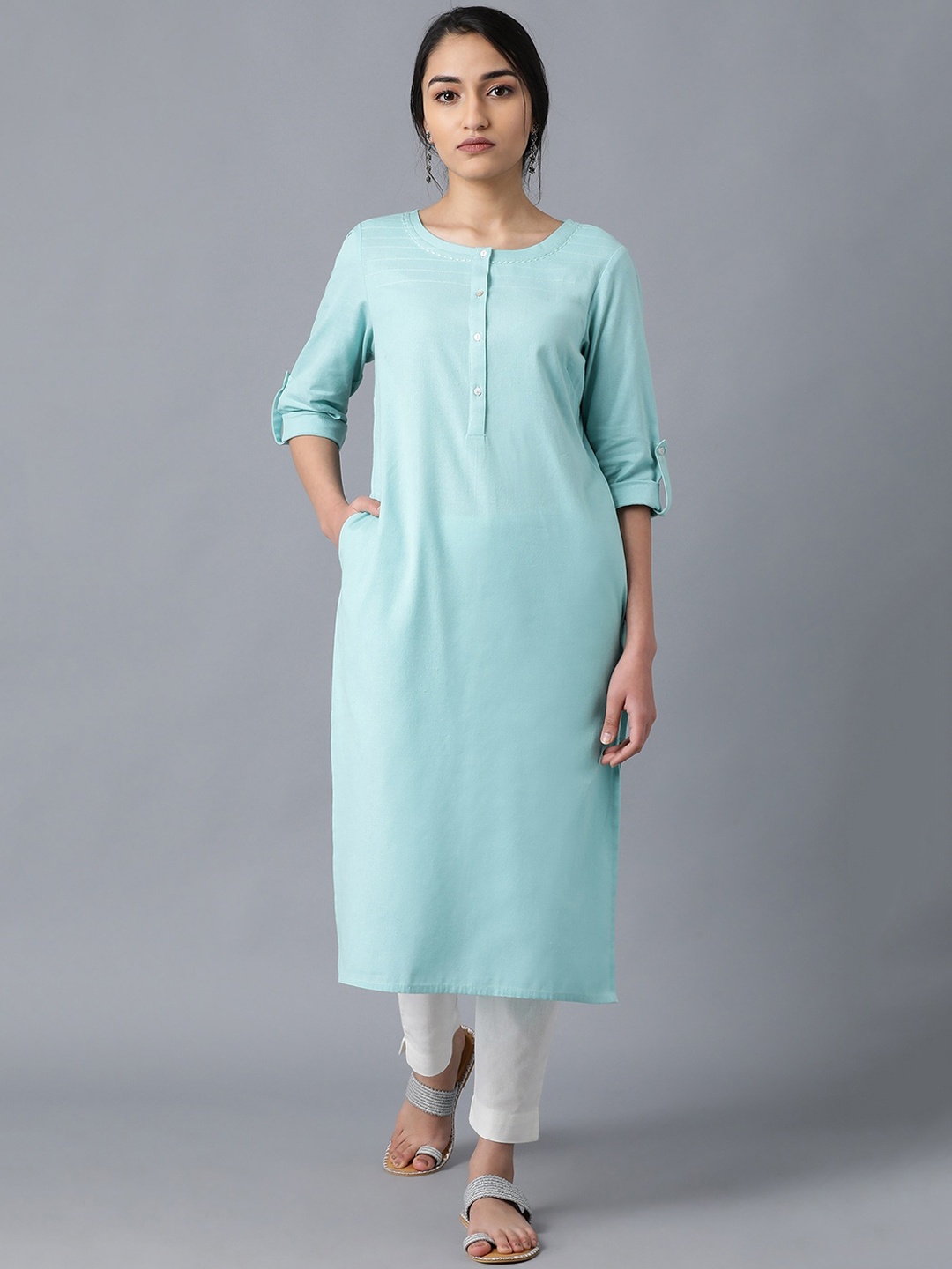 

W Women Straight Cotton Kurta, Turquoise blue