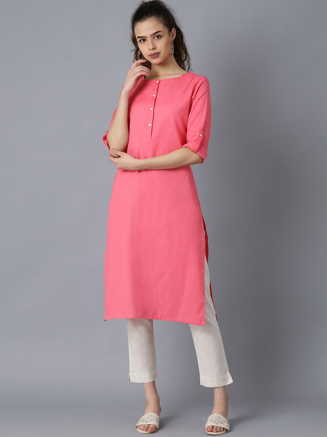 

W Women Yellow Thread Work Kurta