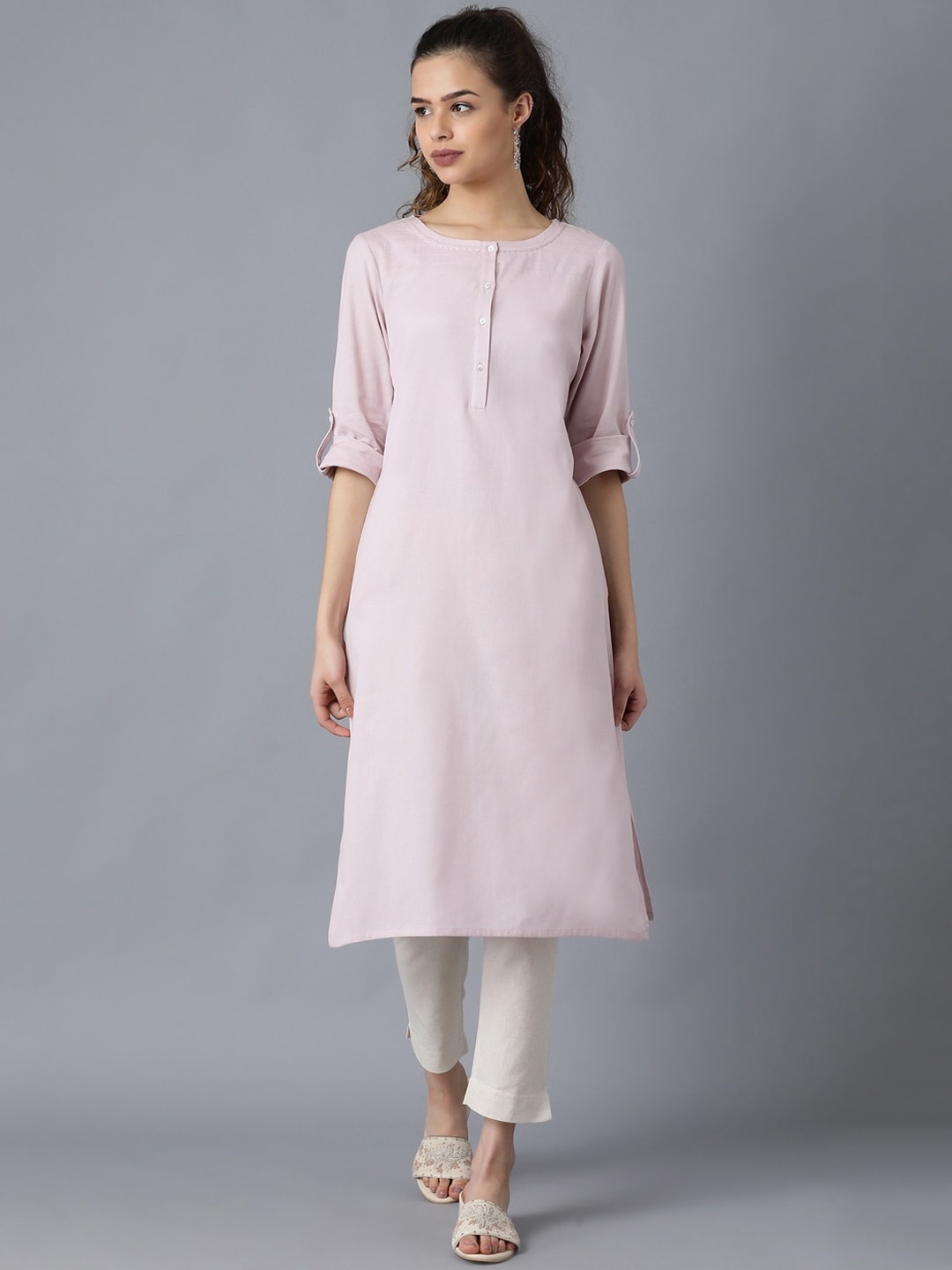 

W Women Straight Cotton Kurta, Pink
