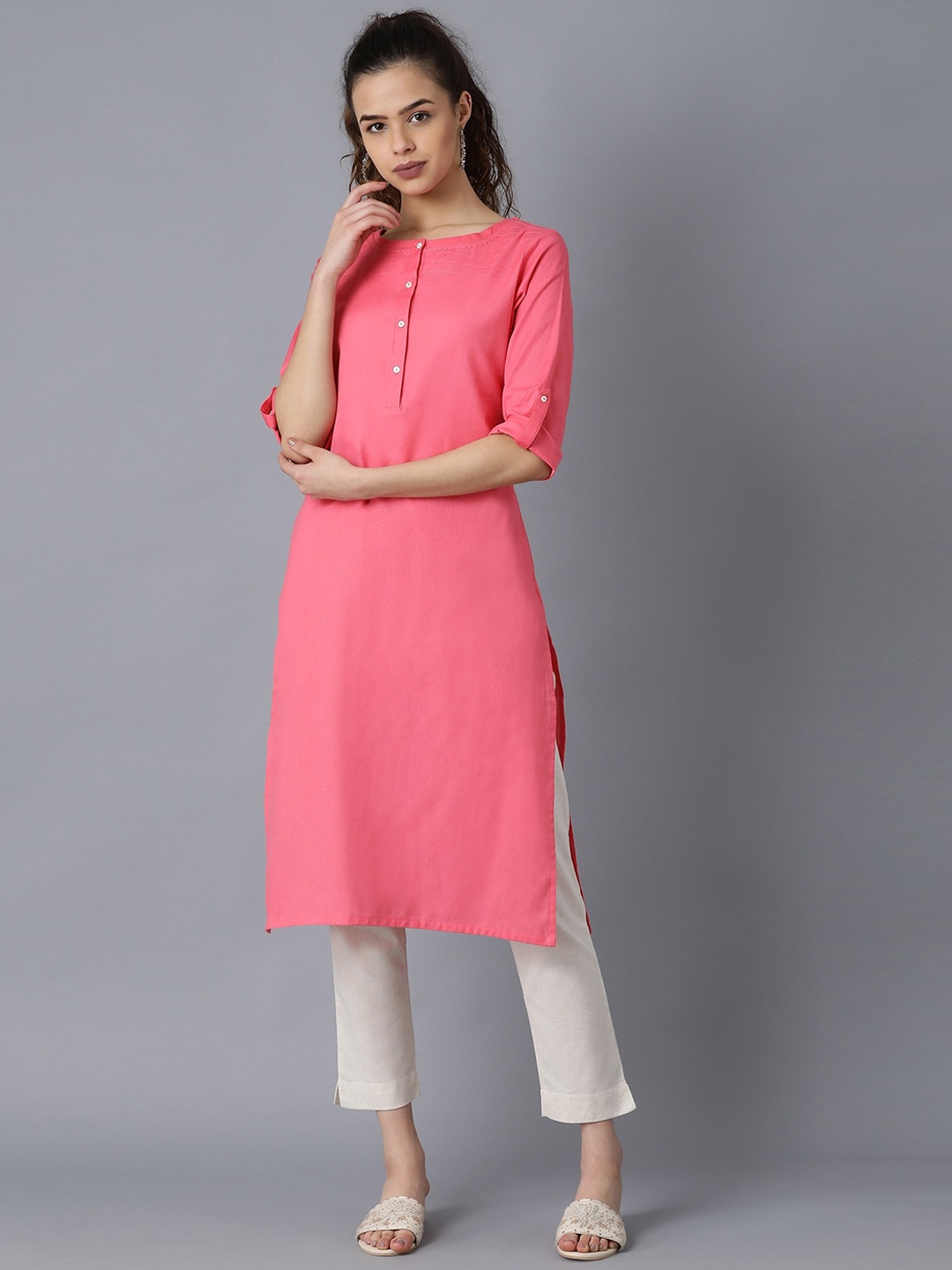 

W Women Solid Kurta, Pink