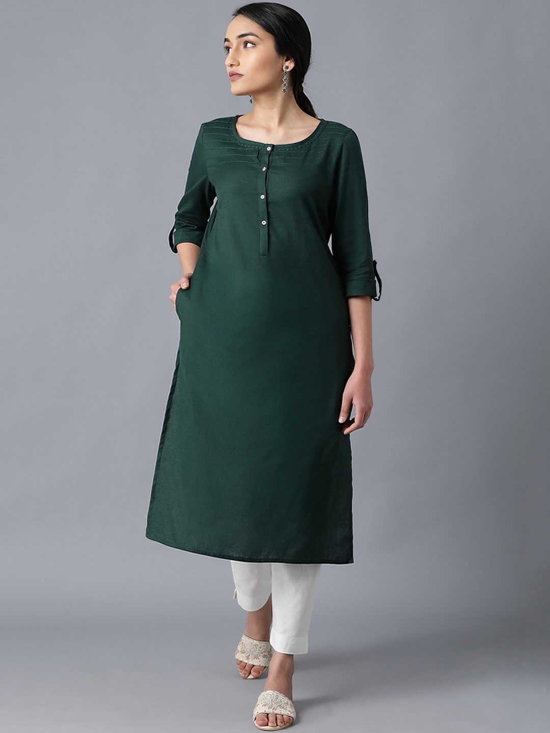 

W Women Cotton Yoke Design Thread Work A-Line Kurta, Green