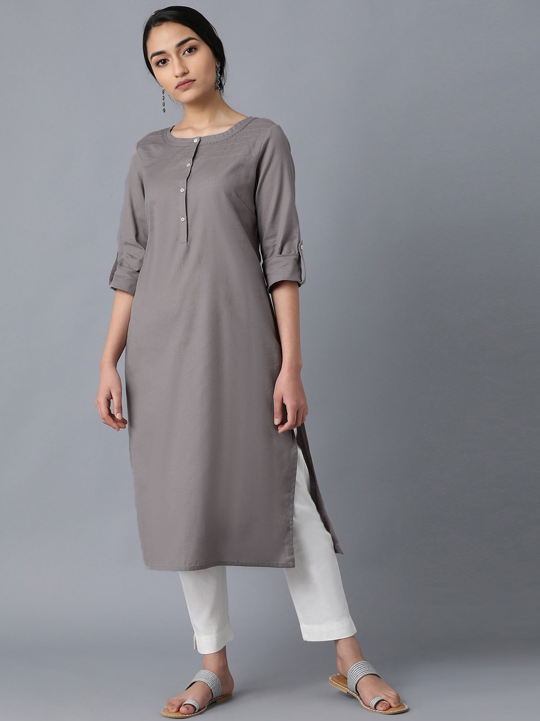 

W Women Solid Roll-Up Sleeves Pathani Kurta, Grey