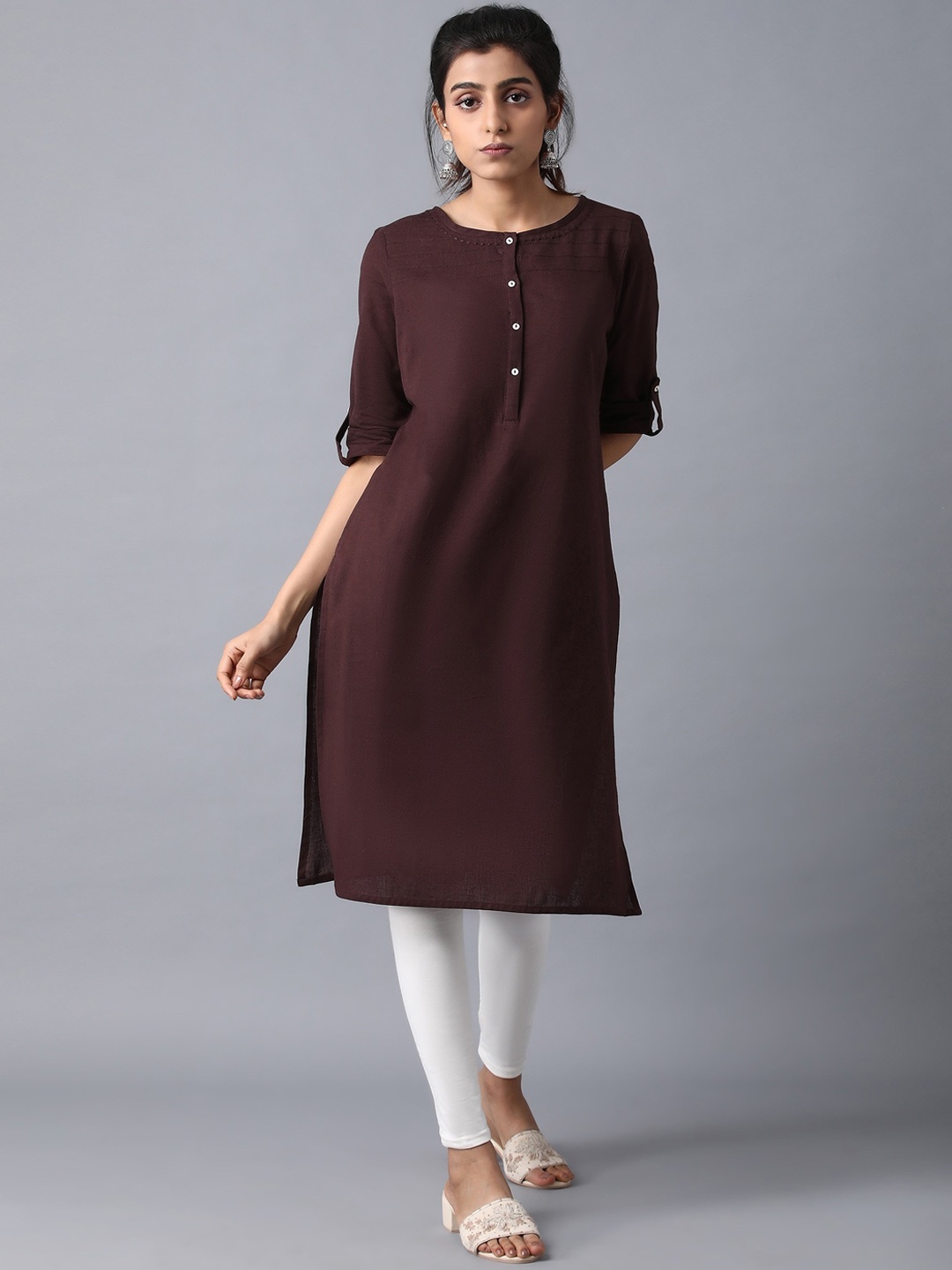 

W Women Round Neck Solid Kurta, Brown