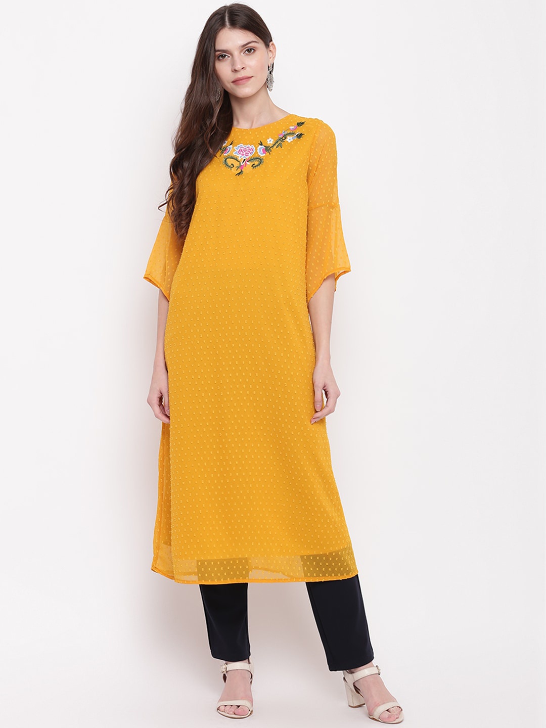 

Napra Women Mustard Yellow Floral Embroidered Flared Sleeves Thread Work Georgette Kurta