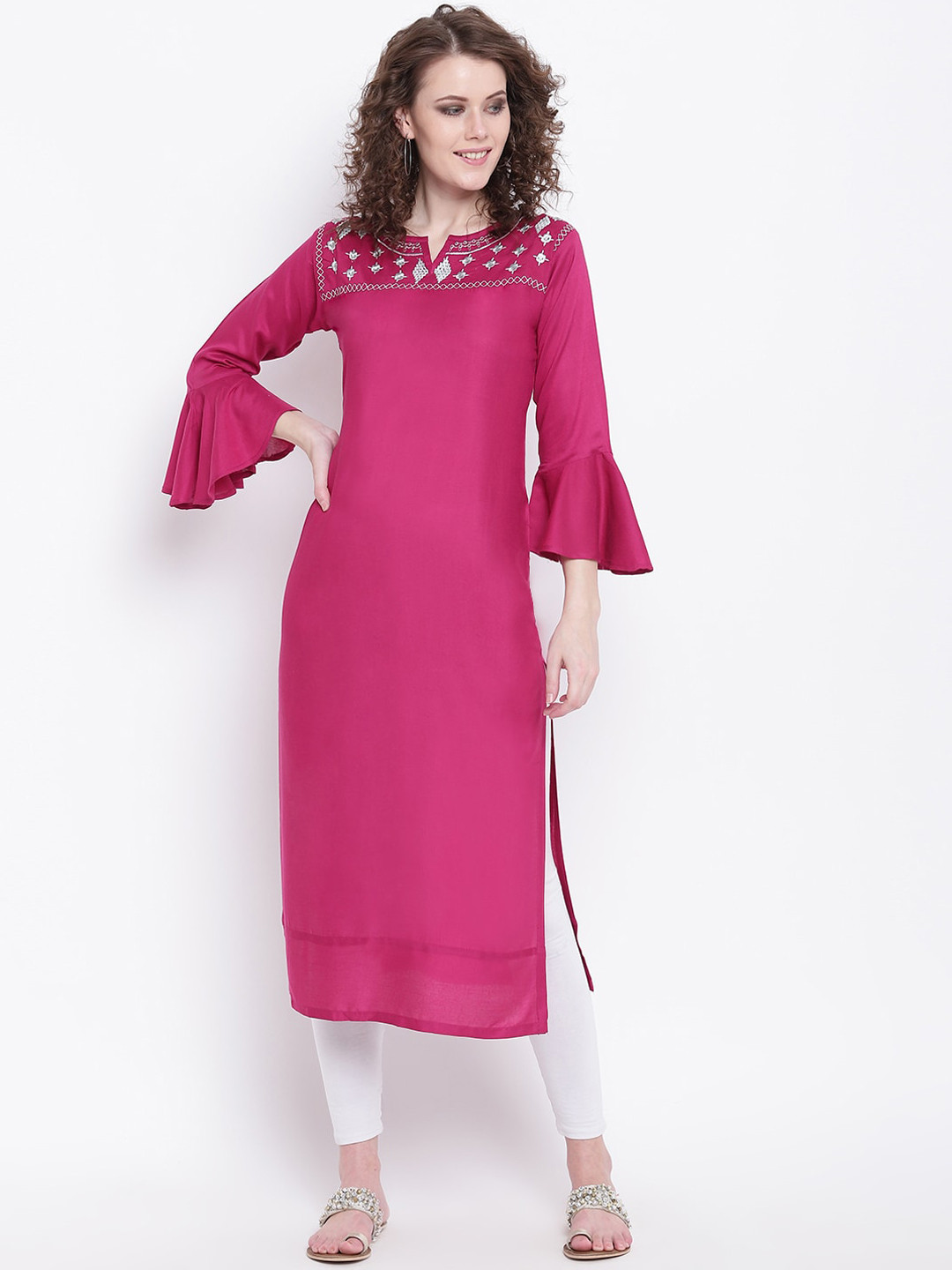 

Napra Women Magenta Bell Sleeves Thread Work Georgette Kurta