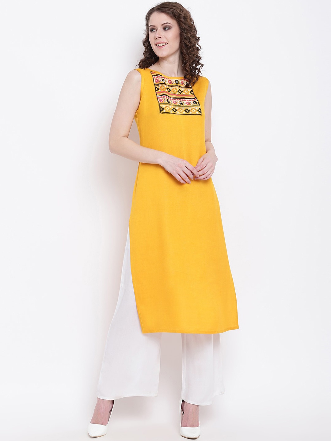 

Napra Women Mustard Yellow Geometric Yoke Design Kurta