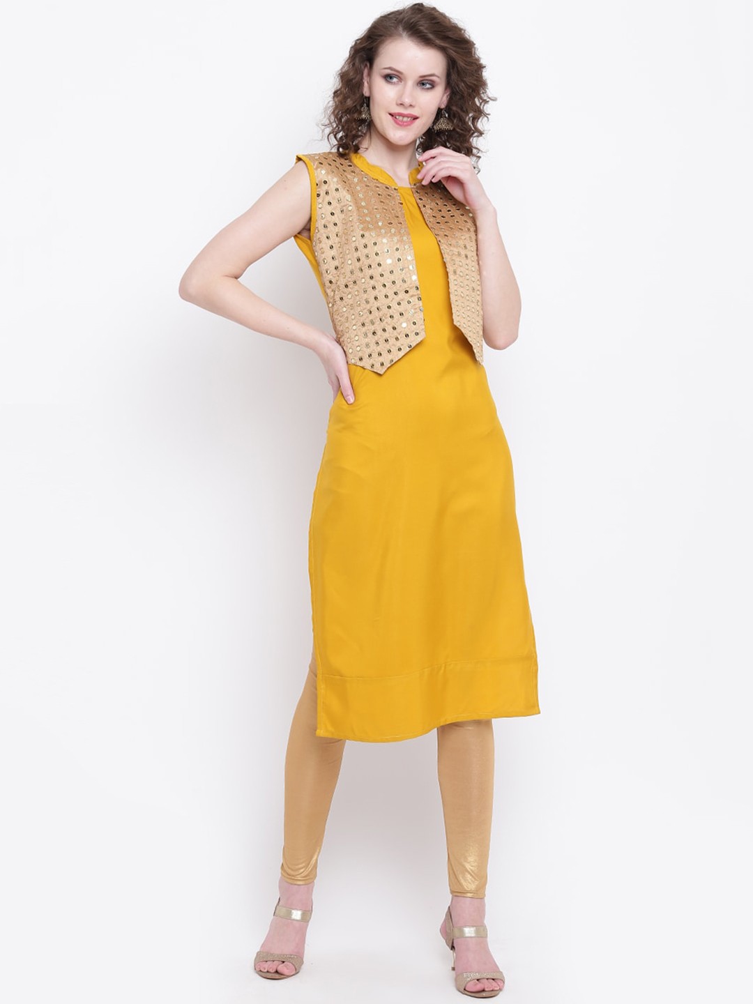 

Napra Women Yellow & Gold-Toned Embellished Mirror Work Kurta
