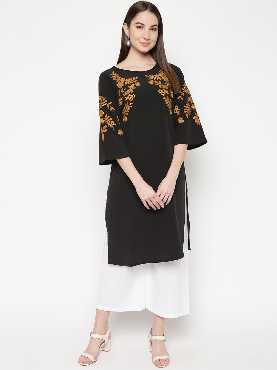 

Napra Women Black & Brown Floral Embroidered Flared Sleeves Thread Work Georgette Kurta
