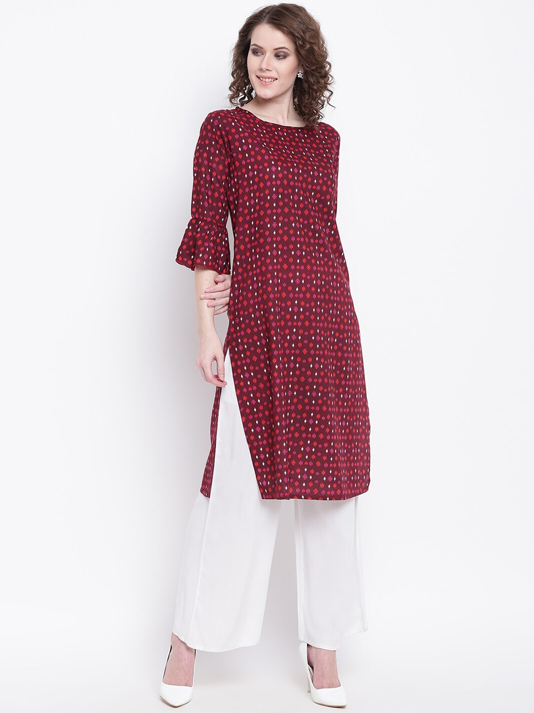 

Napra Women Maroon Geometric Printed Thread Work Georgette Kurta