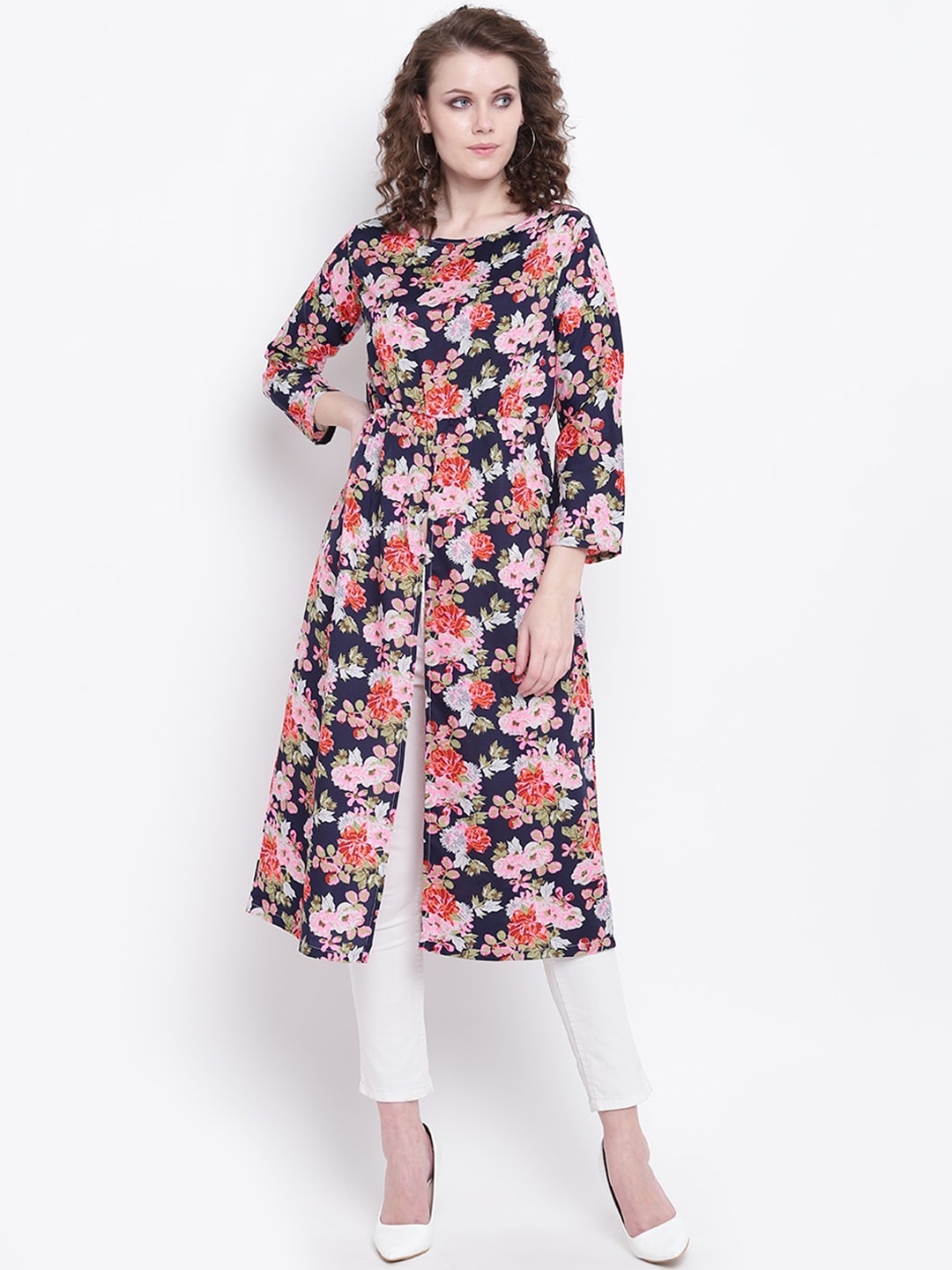 

Napra Women Navy Blue & Multicoloured Floral Printed Crepe Kurta