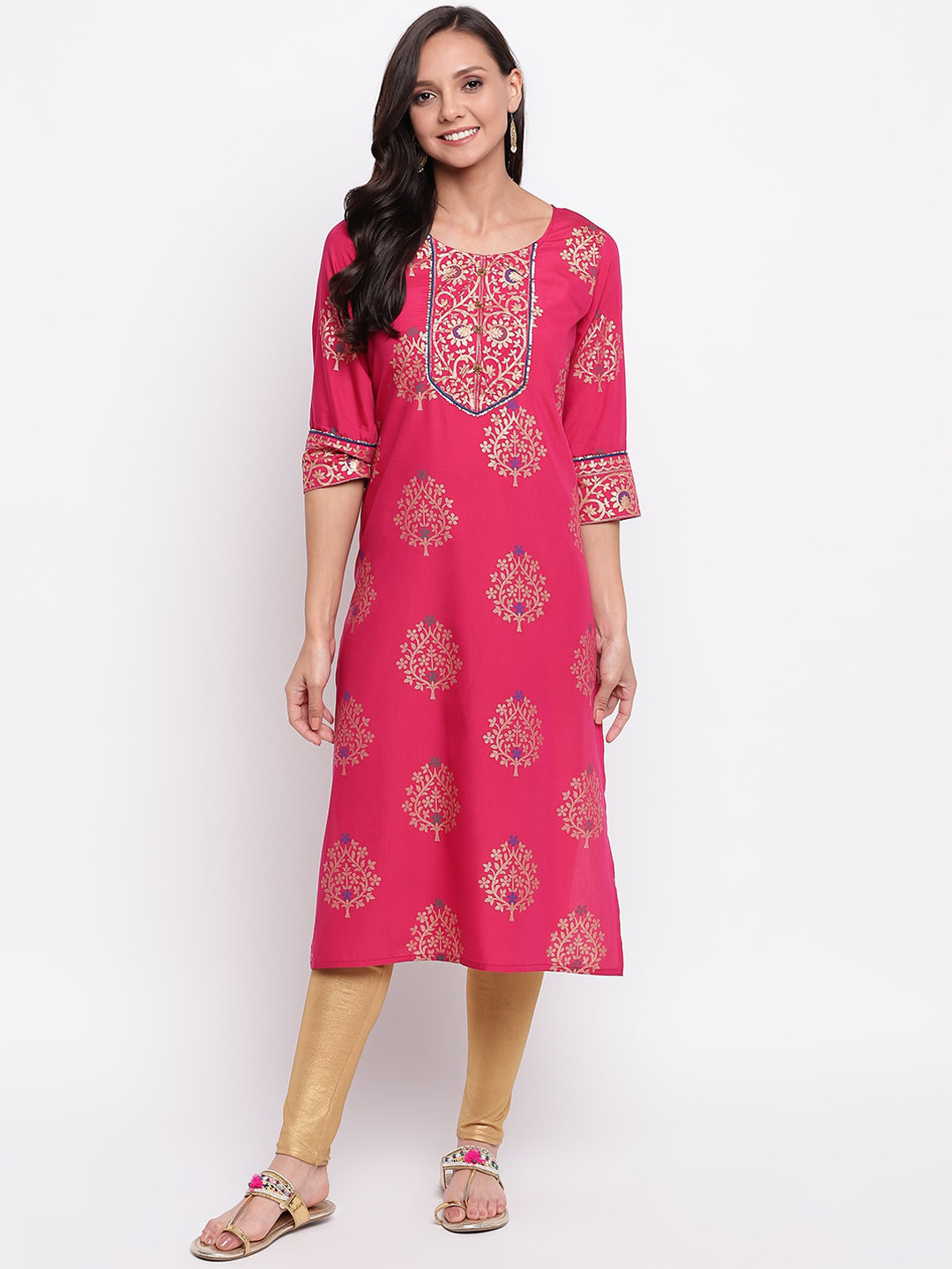 

Napra Women Magenta & Gold-Toned Ethnic Motifs Printed Thread Work Kurta