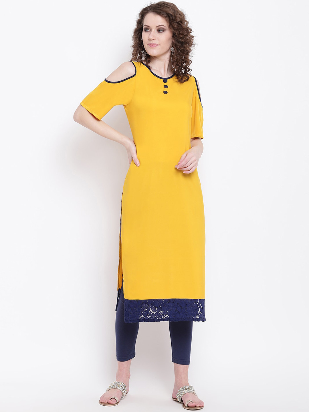 

Napra Women Yellow Cold-Shoulder Sleeves Georgette Kurta