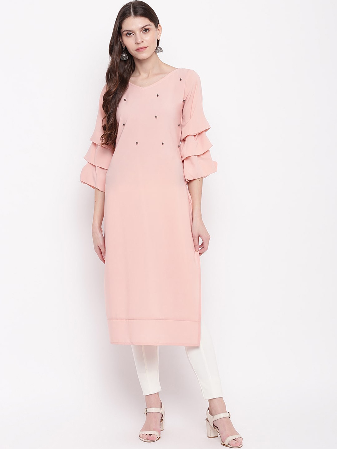 

Napra Women Peach-Coloured Flared Sleeves Thread Work Georgette Kurta