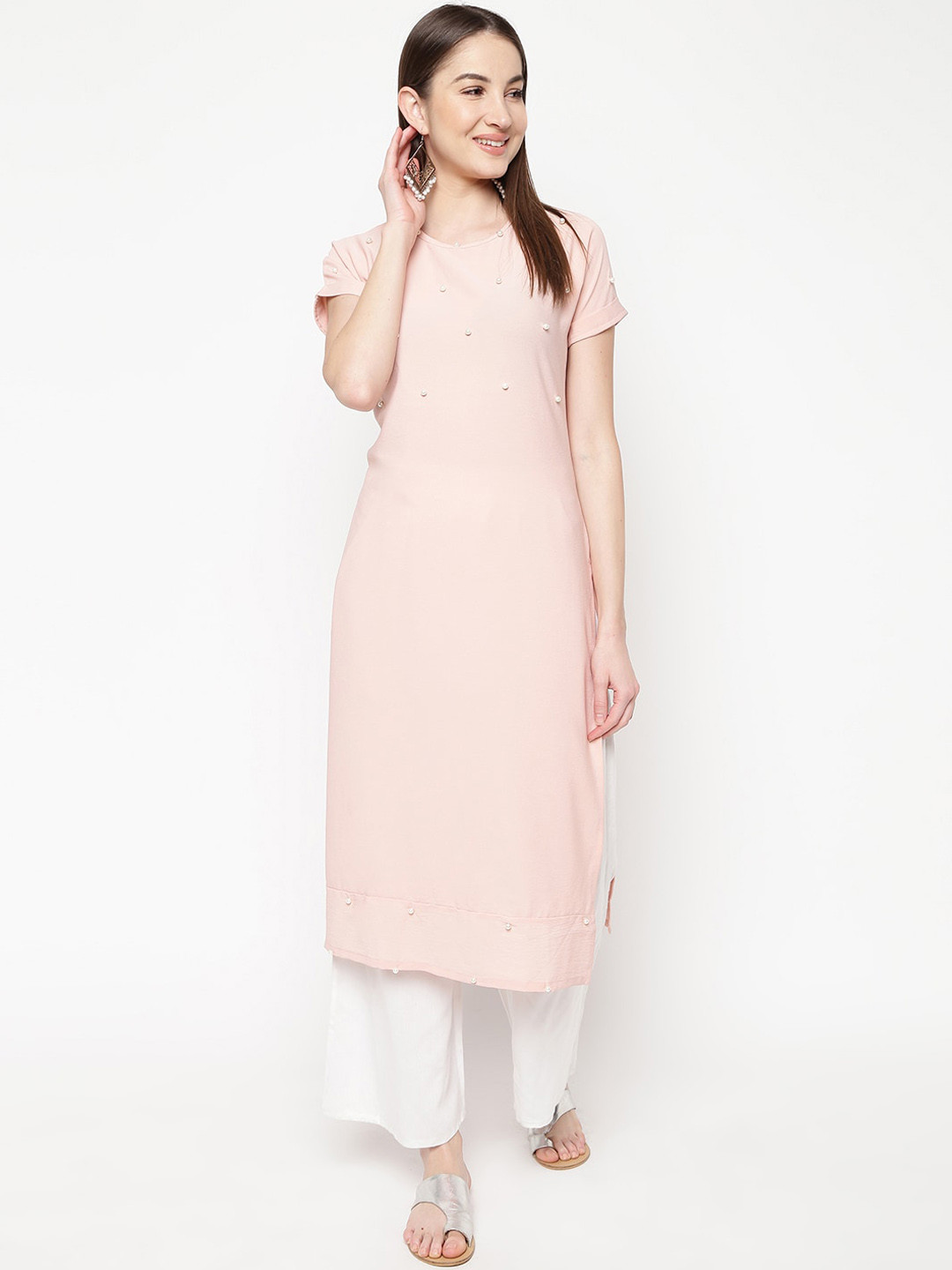 

Napra Women Peach-Coloured Thread Work Georgette Kurta