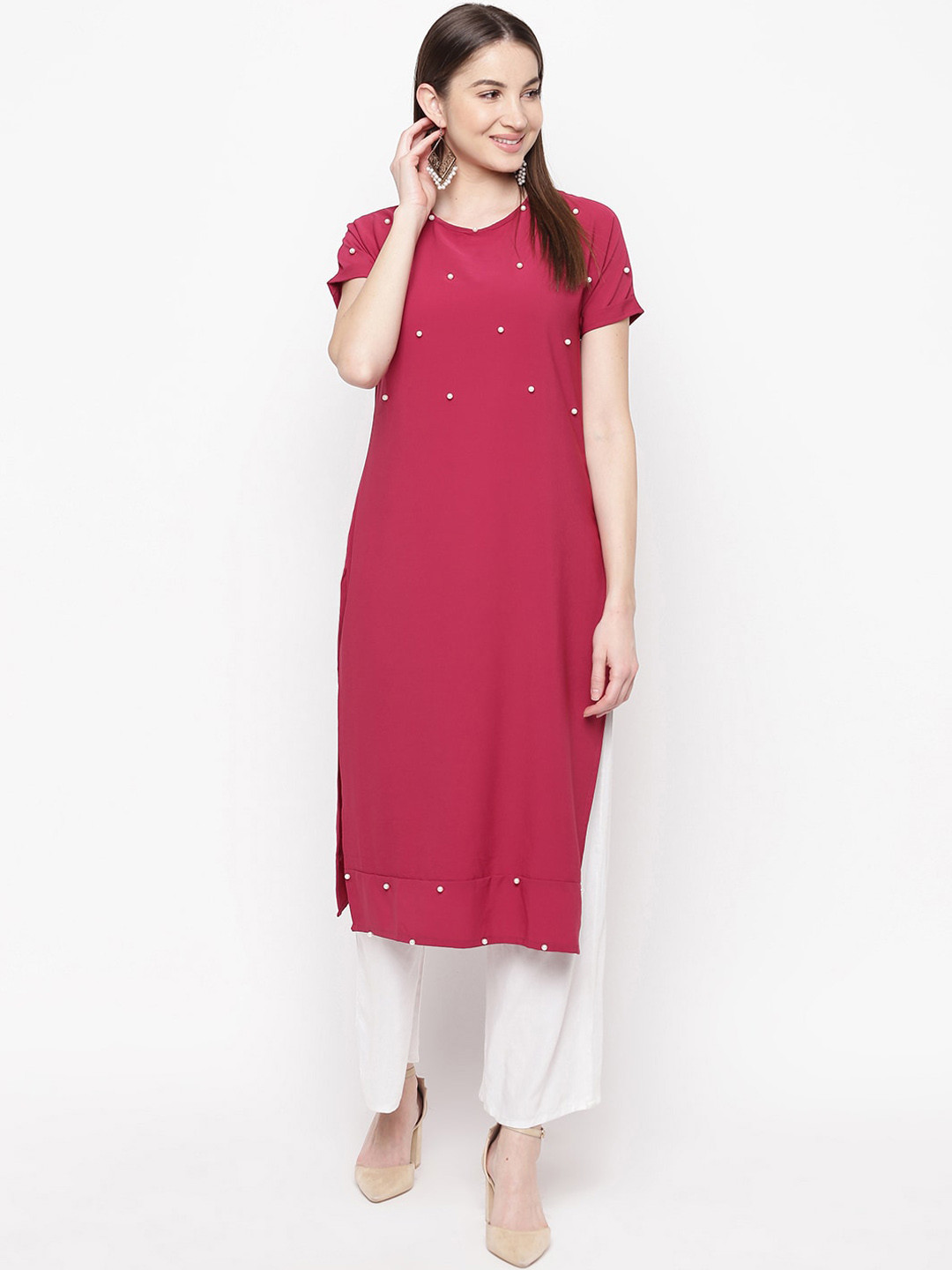 

Napra Women Magenta Embroidered Mirror Work Georgette Kurta