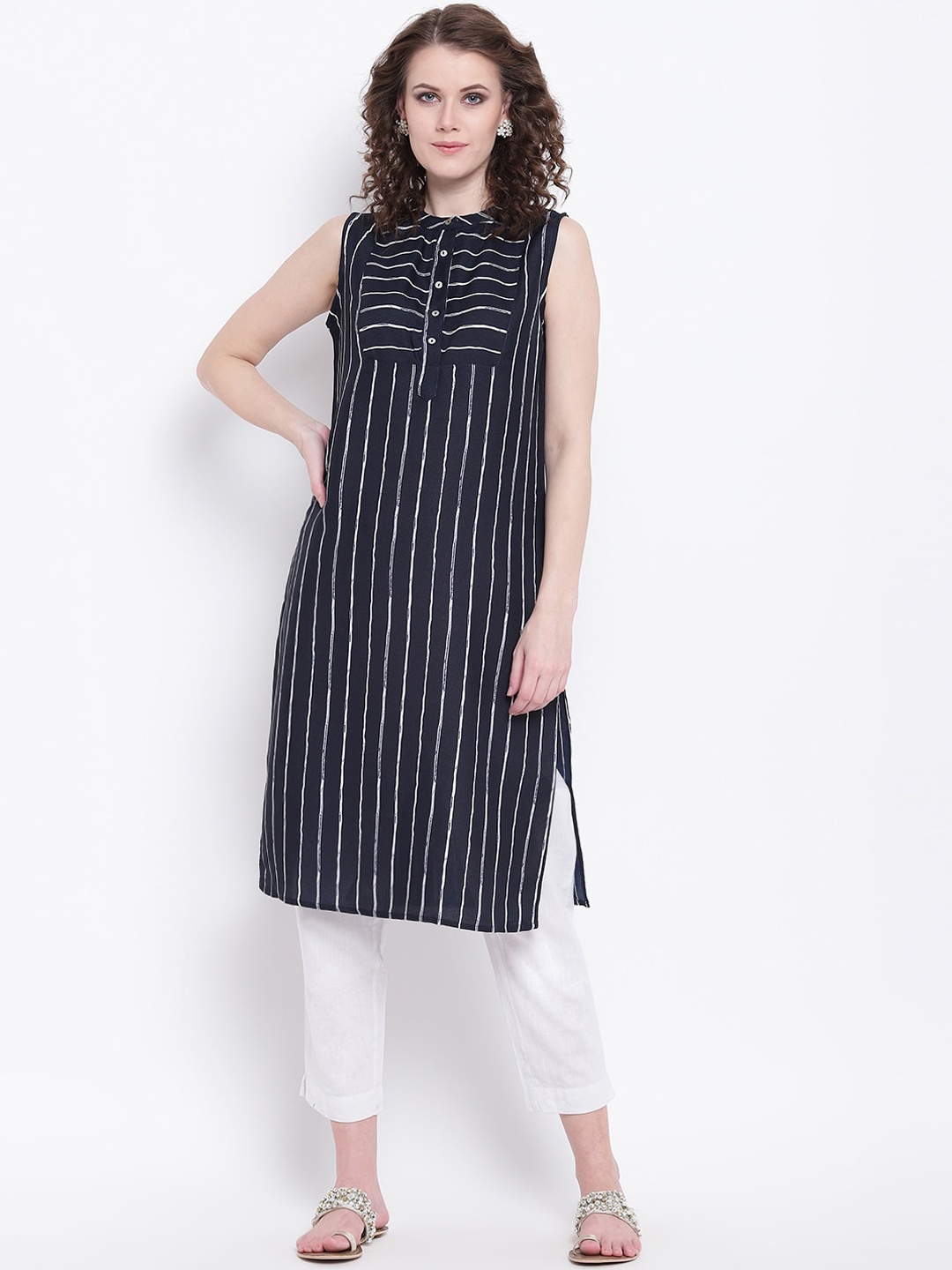 

Napra Women Navy Blue & White Striped Georgette Kurta