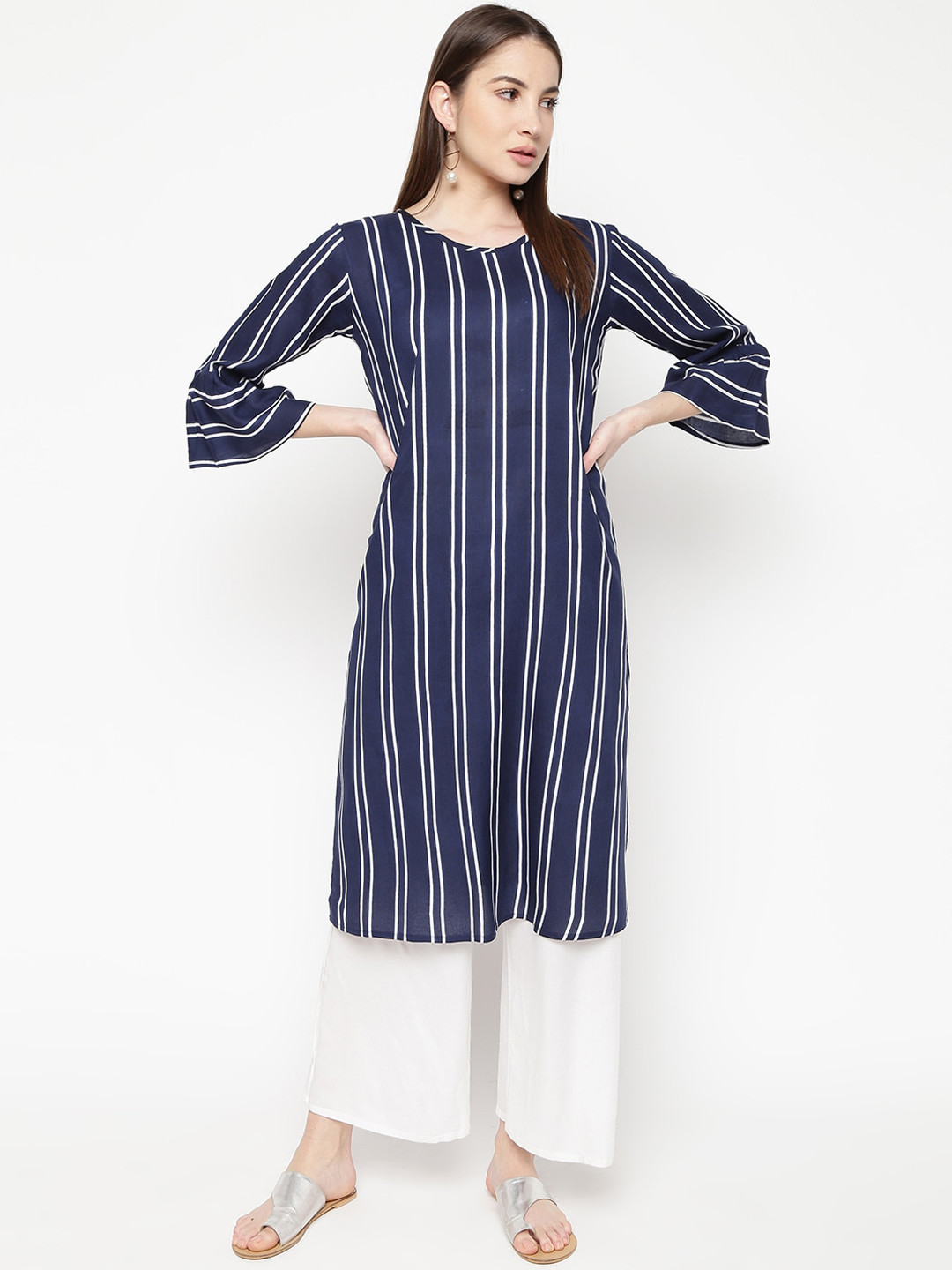 

Napra Women Blue Striped Flared Sleeves Thread Work Georgette Kurta