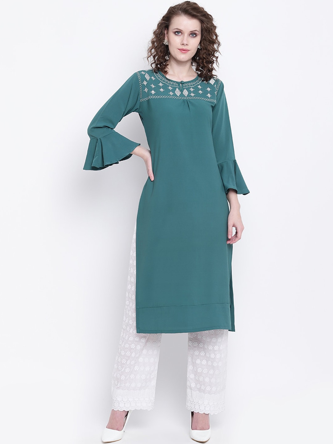 

Napra Women Green Geometric Yoke Design Embroidered Flared Sleeves Georgette Kurta
