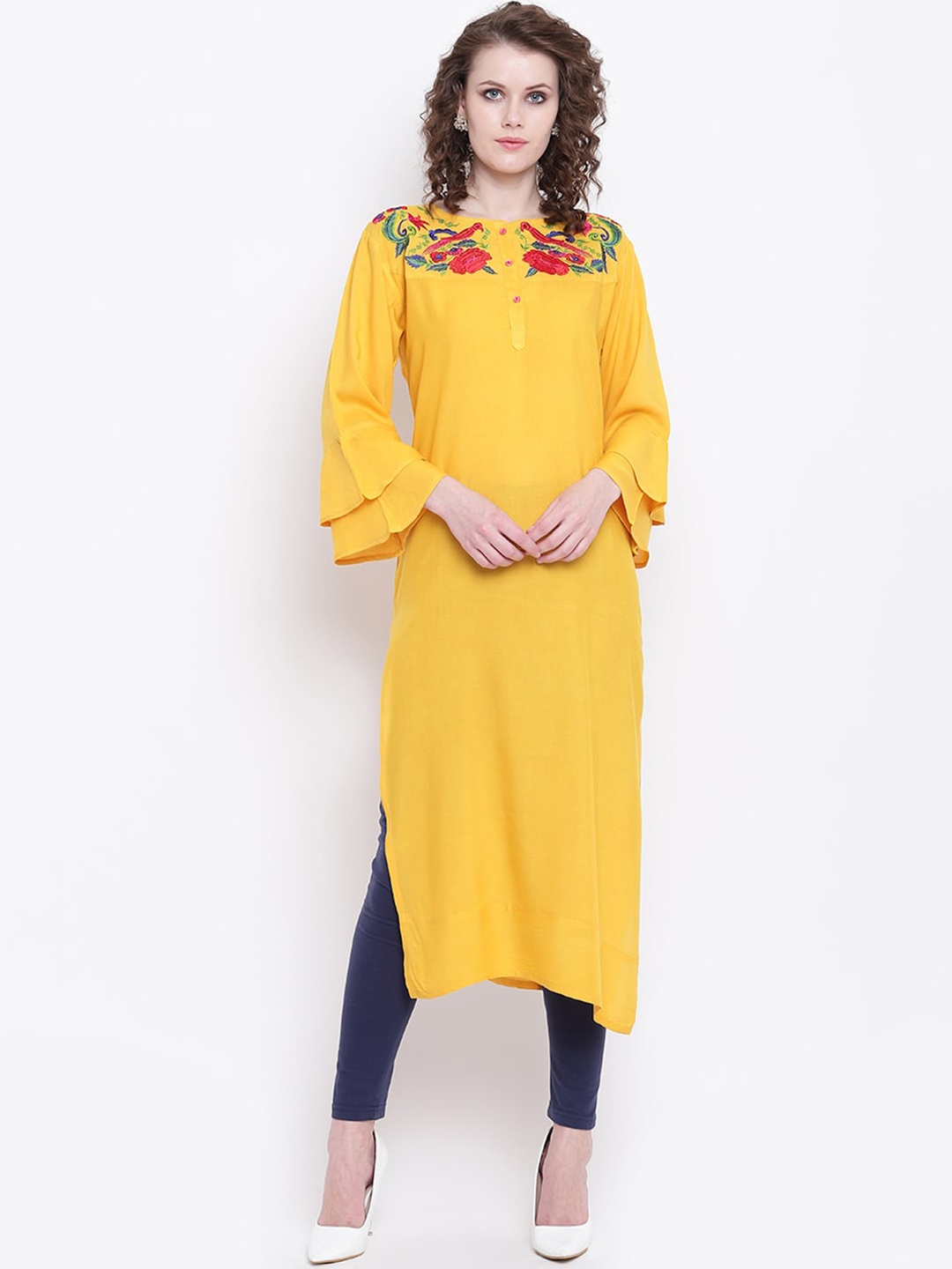 

Napra Women Yellow Floral Embroidered Flared Sleeves Georgette Kurta