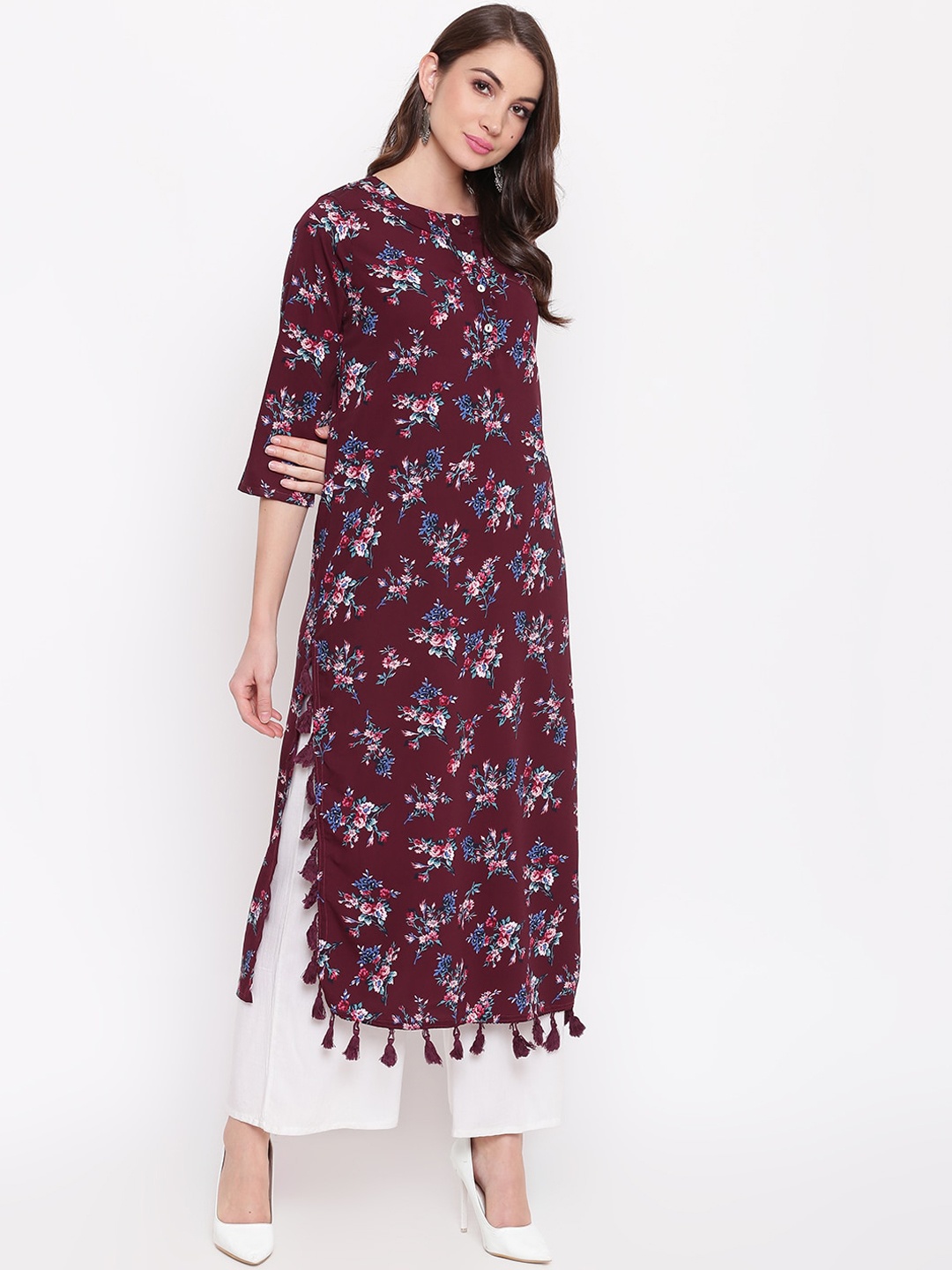 

Napra Women Maroon Floral Printed Flared Sleeves Georgette Kurta