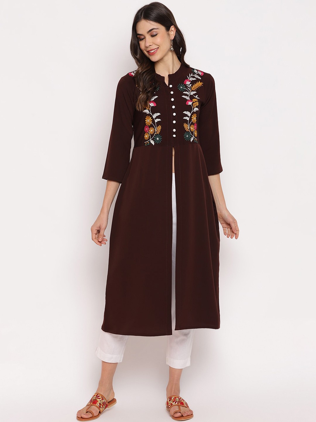 

Napra Women Brown Embroidered Thread Work Georgette Kurta