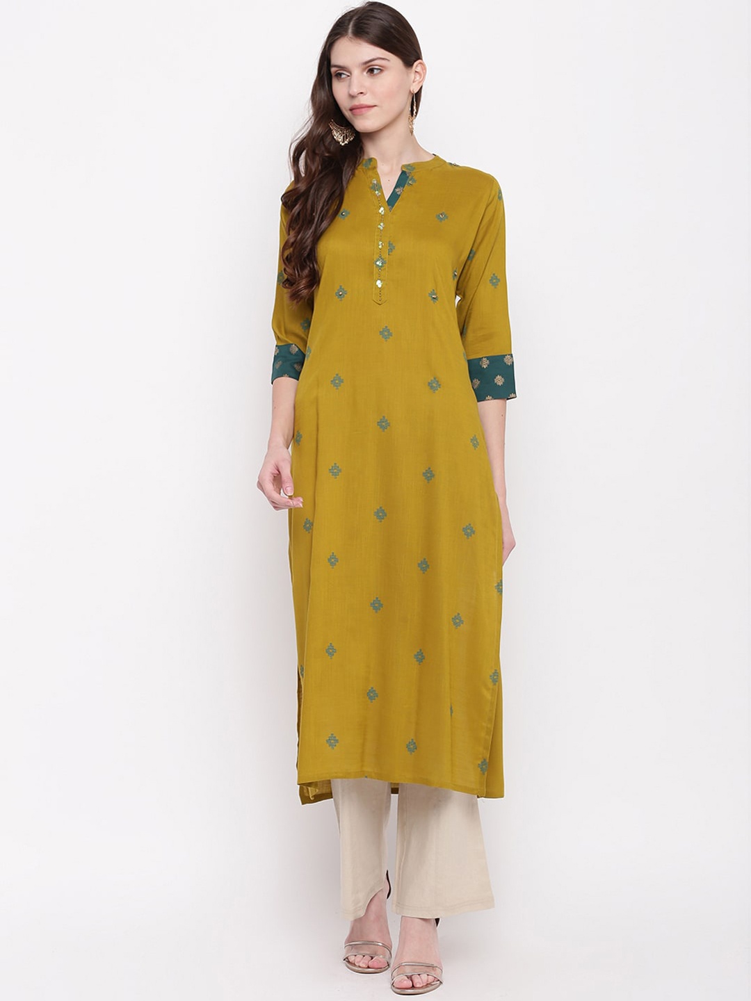 

Napra Women Mustard Yellow Geometric Printed Kurta