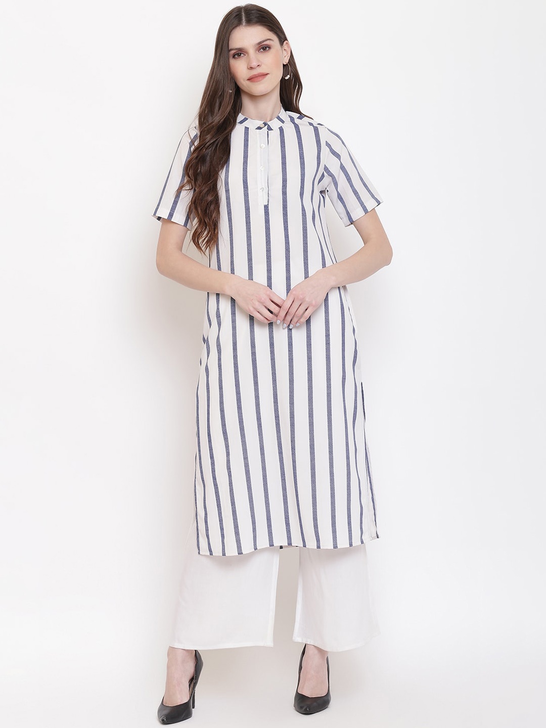 

Napra Women White Striped Georgette Pathani Kurta
