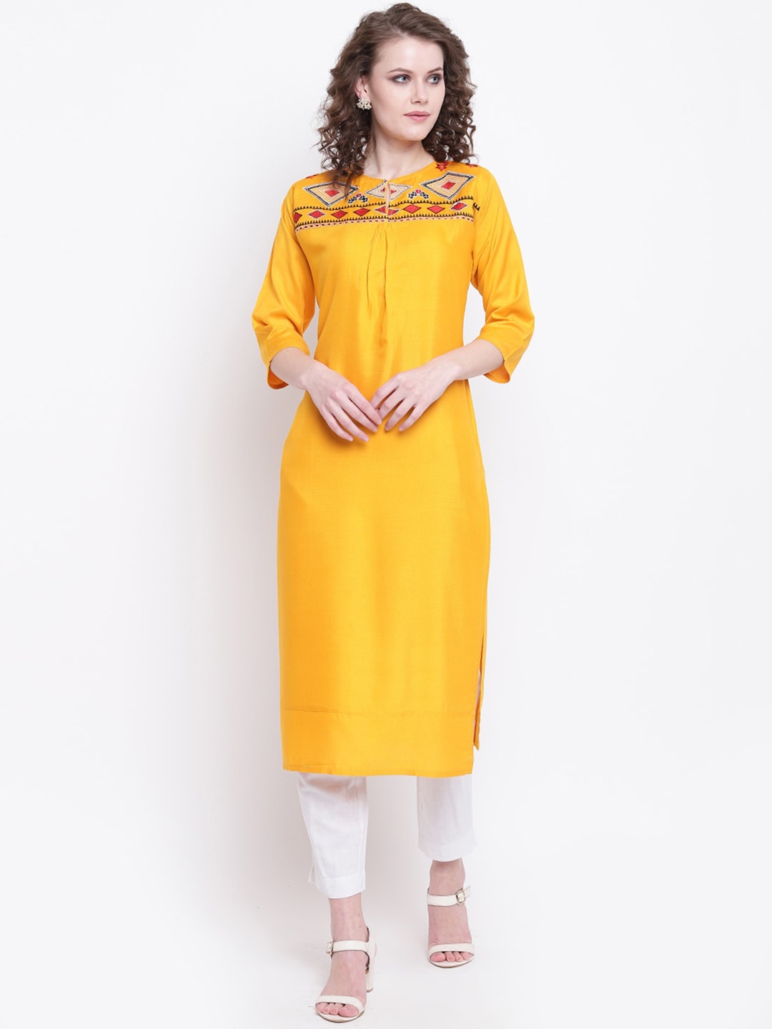 

Napra Women Mustard Yellow Embroidered Georgette Kurta