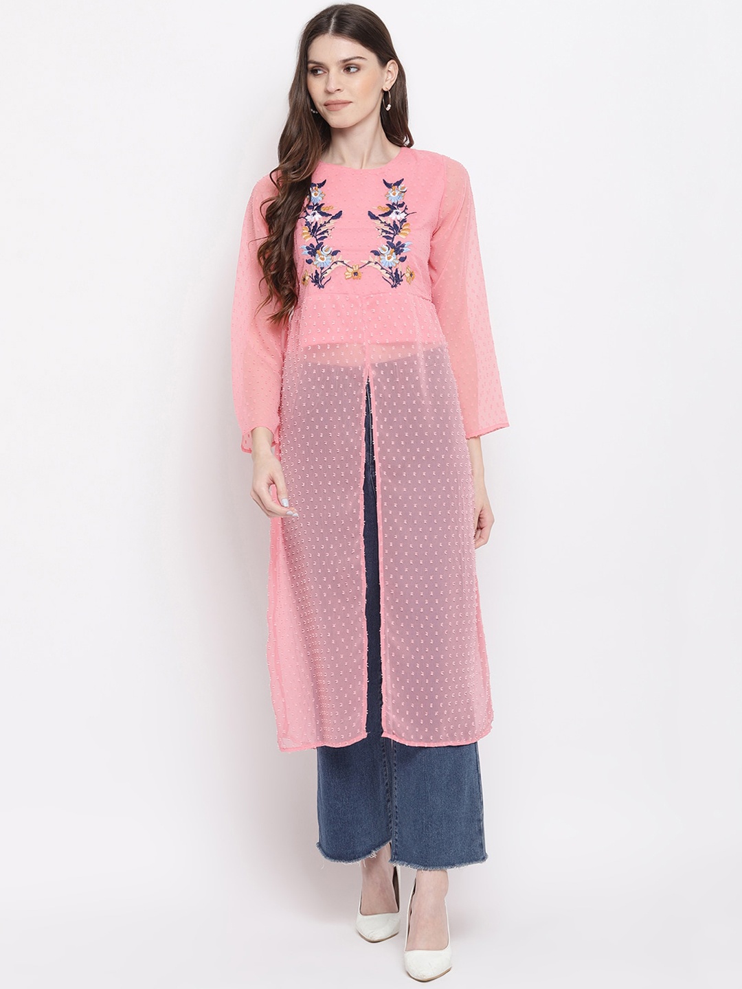 

Napra Women Pink Floral Embroidered Thread Work Floral Georgette Kurta
