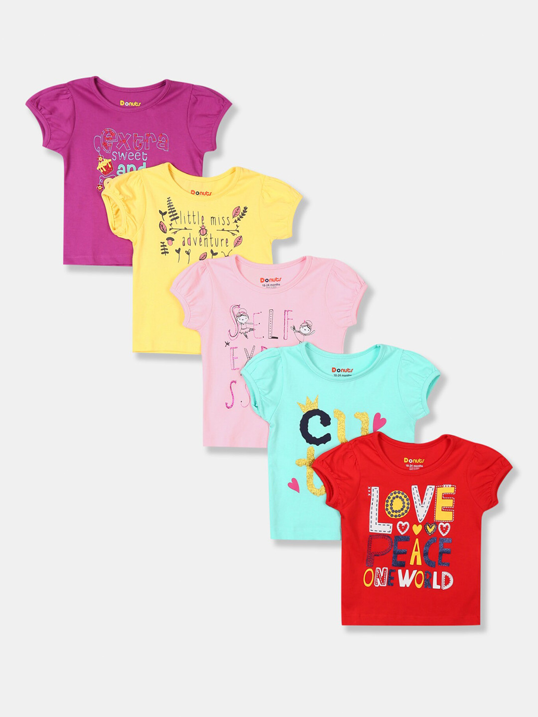 

Donuts Girls Pack Of 5 Assorted Printed Pure Cotton T-shirt
