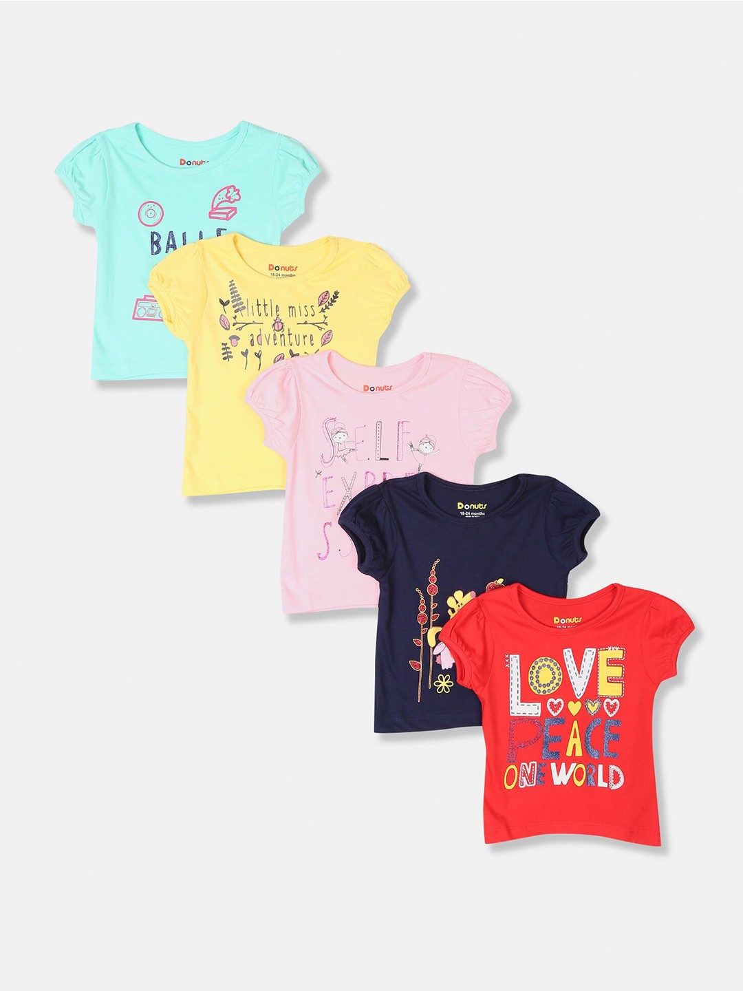 Donuts Girls Multicoloured Typography 5 Printed Applique T-shirt, Multi