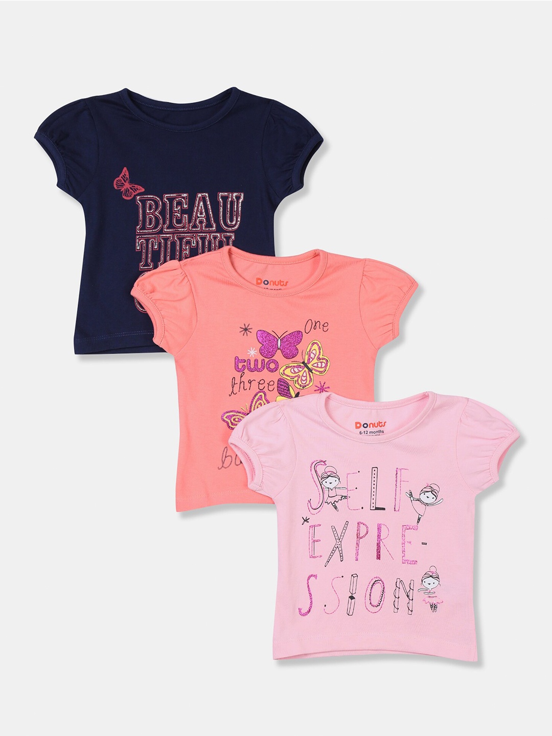 

Donuts Girls Pack Of 3 Assorted Typography Printed T-shirt