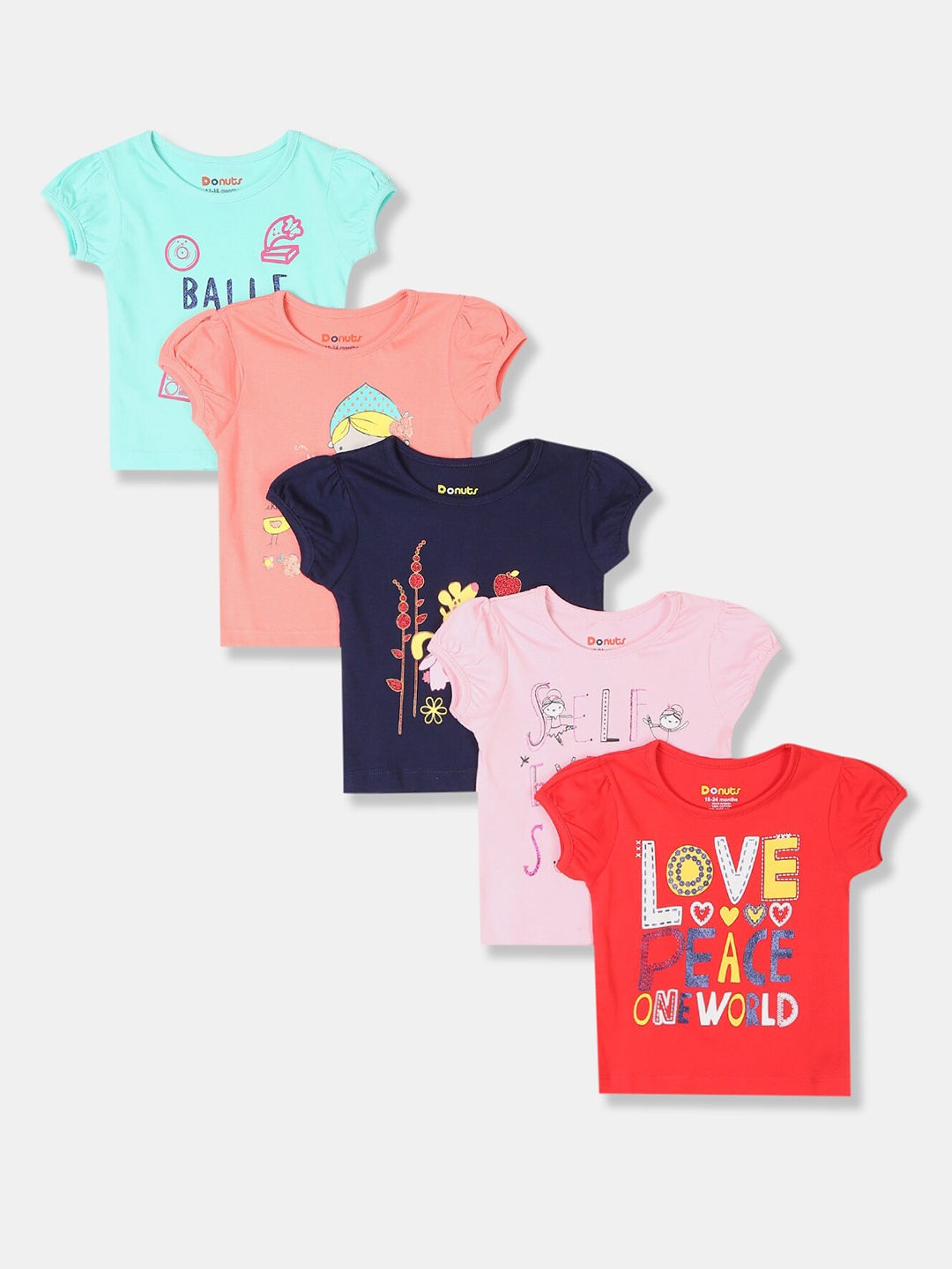 

Donuts Girls Pack Of 5 Assorted Pure Cotton Printed T-shirt